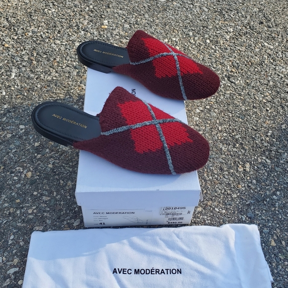 NIB AVEC MODERATION Zermatt Argyle Red Knit Leather Slide Slippers Sandals sz 41 - Picture 3 of 8